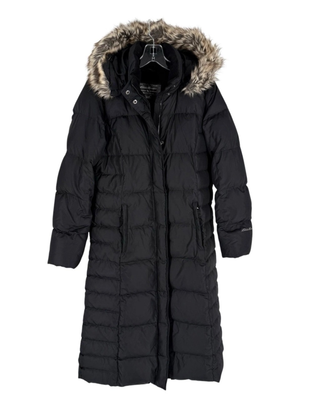 Eddie Bauer Down Parka Coat Womens Size Medium Black Long Line Hooded Warm